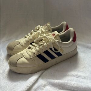 Adidas Off-White and Navy Sneakers with Red Detail